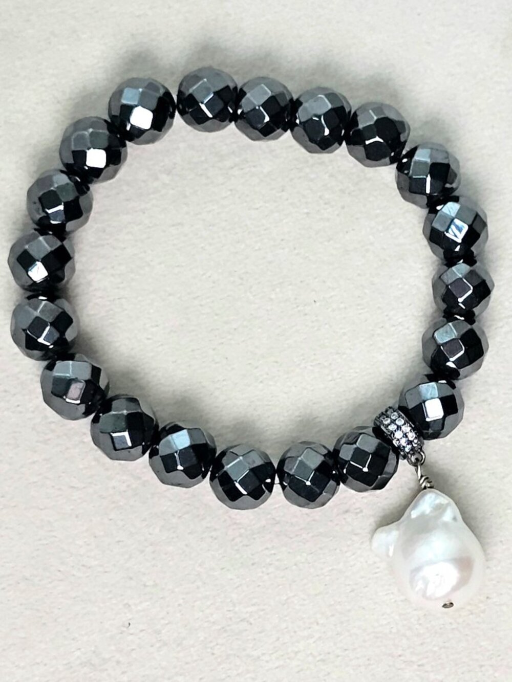 Faceted Black Bead Stretch Bracelet Baroque Freshwater Pearl Drop Pavé OS